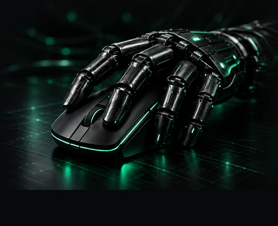 Mão mecânica preta com detalhes em verde apoiada sobre um mouse